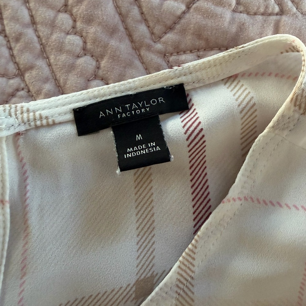 Ann Taylor Factory Cream Plaid Flutter Sleeve Top with Rose and Tan Stripes - Picture 2 of 3